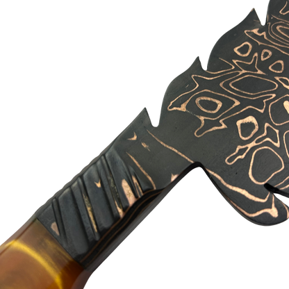 Faca Artesanal Tiger Damasco com Cobre - Cabo Resina Brilha no Escuro - Flocos e Placa - Peça Única Exclusiva