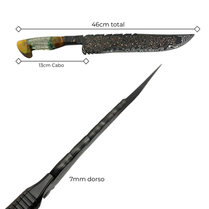 Faca Artesanal Tiger Damasco com Cobre - Cabo Resina Brilha no Escuro - Flocos e Placa - Peça Única Exclusiva