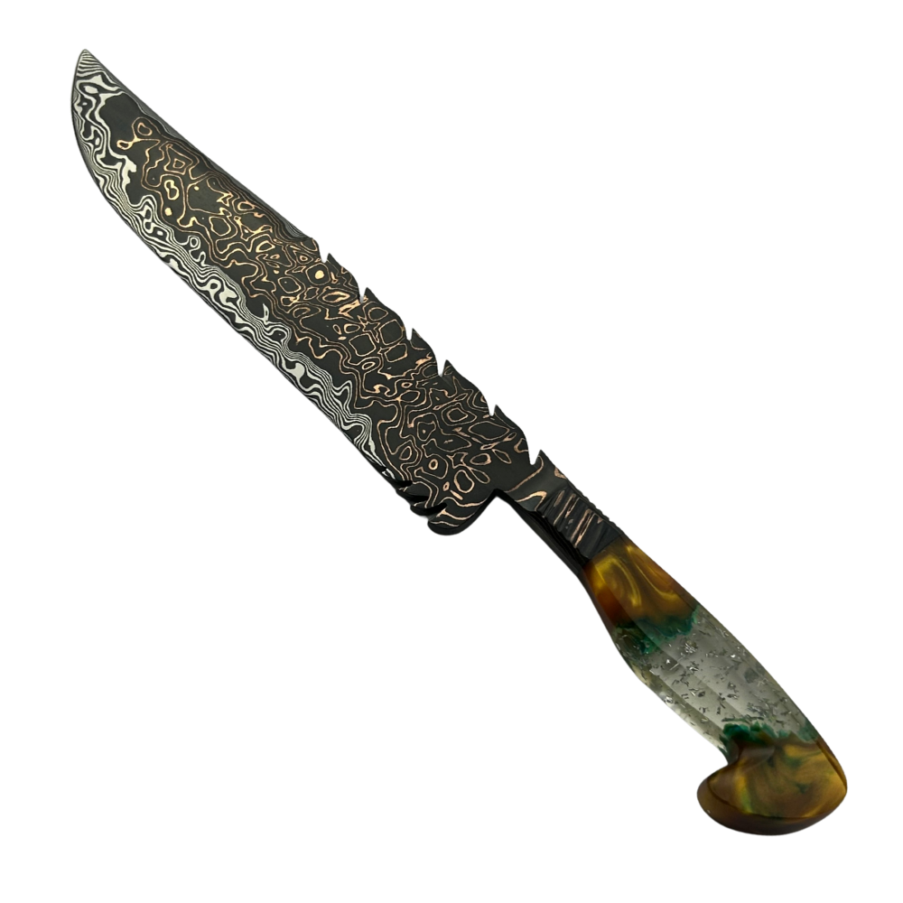 Faca Artesanal Tiger Damasco com Cobre - Cabo Resina Brilha no Escuro - Flocos e Placa - Peça Única Exclusiva
