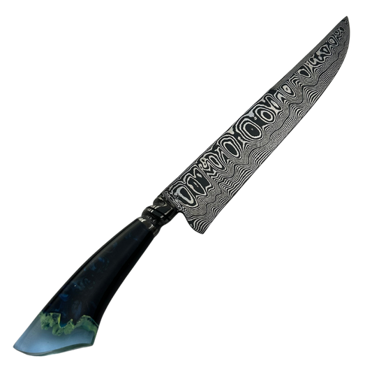 Faca Artesanal Aço Damasco - Cabo Resina Brilha no Escuro - Padrão Aleatório - Peça Única Exclusiva