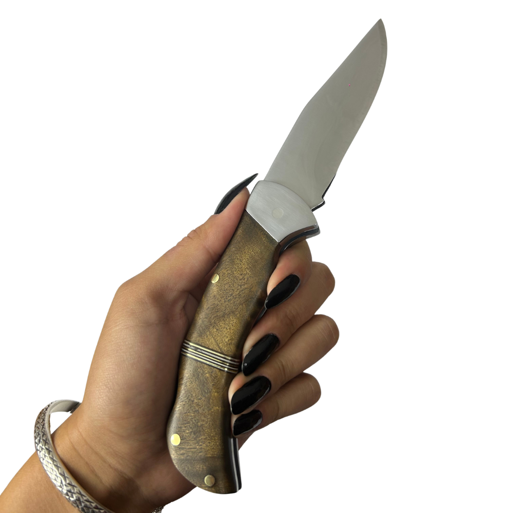 Canivete Artesanal Aço Inox 420C 4 Polegadas - Cabo Madeira com Anel Latão e Trava