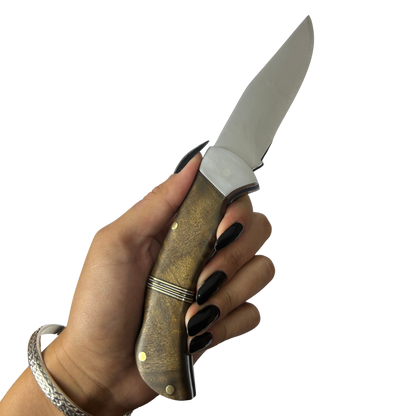 Canivete Artesanal Aço Inox 420C 4 Polegadas - Cabo Madeira com Anel Latão e Trava