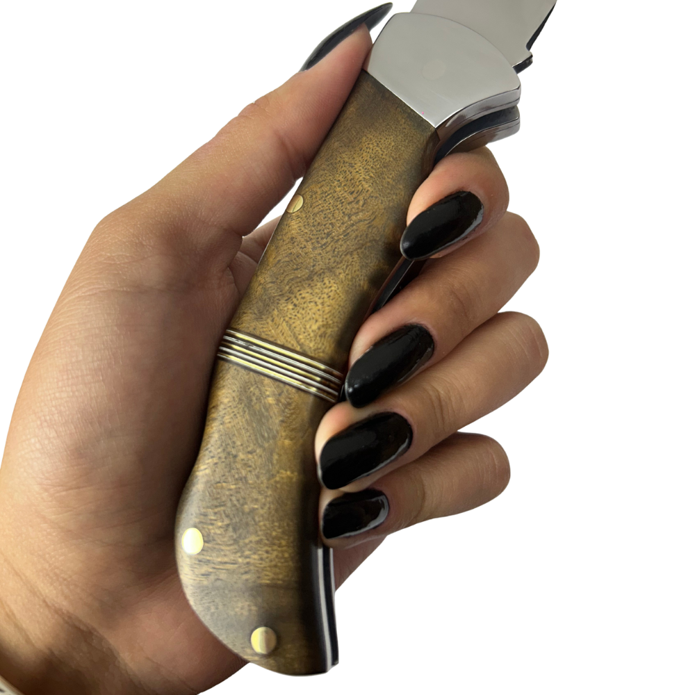 Canivete Artesanal Aço Inox 420C 4 Polegadas - Cabo Madeira com Anel Latão e Trava