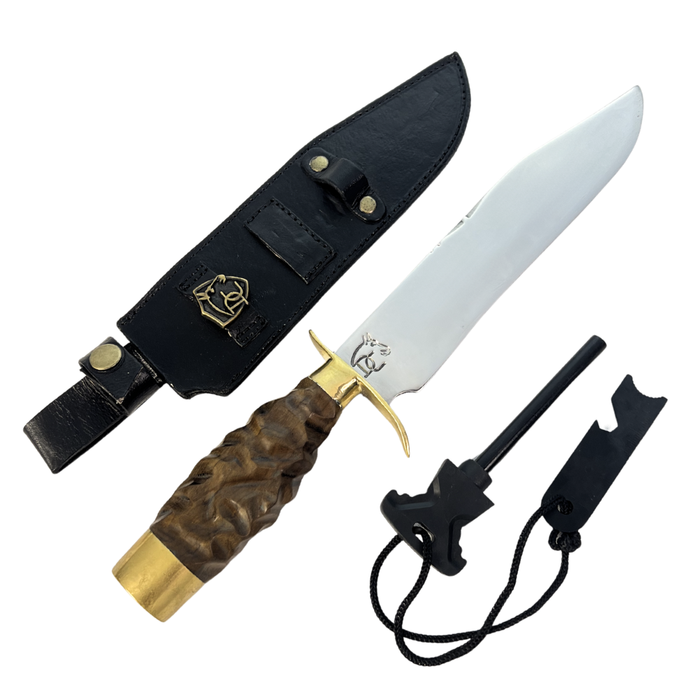 Faca Tática 8" Aço Inox 420C - Cabo Madeira Esculpida - Detalhes Latão Dourado - Caixinha Madeira Vermelha - Personalização Laser Grátis