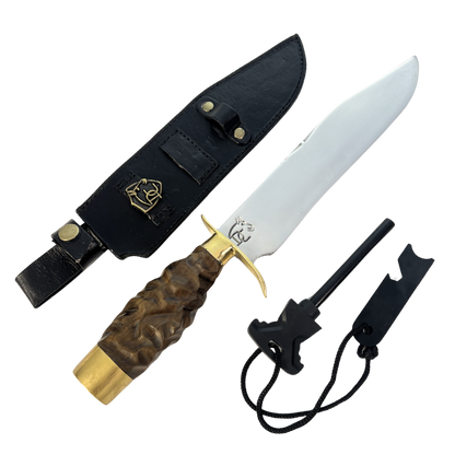 Faca Tática 8" Aço Inox 420C - Cabo Madeira Esculpida - Detalhes Latão Dourado - Caixinha Madeira Vermelha - Personalização Laser Grátis