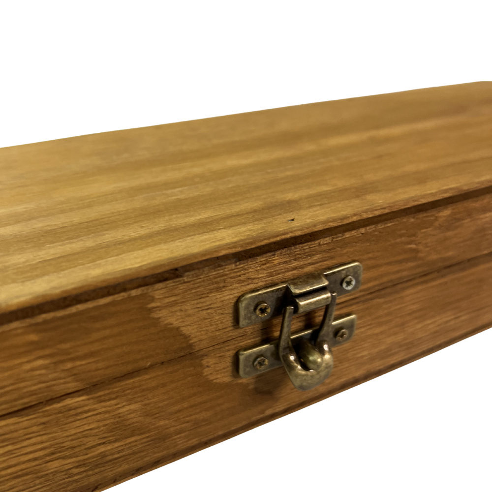 Faca Tática 8" Aço Inox 420C - Cabo Madeira Esculpida - Detalhes Latão Dourado - Caixinha Madeira Vermelha - Personalização Laser Grátis