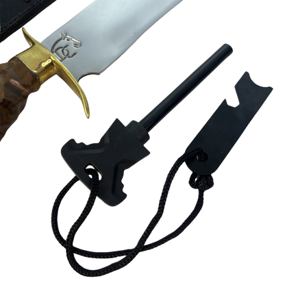 Faca Tática 8" Aço Inox 420C - Cabo Madeira Esculpida - Detalhes Latão Dourado - Caixinha Madeira Vermelha - Personalização Laser Grátis