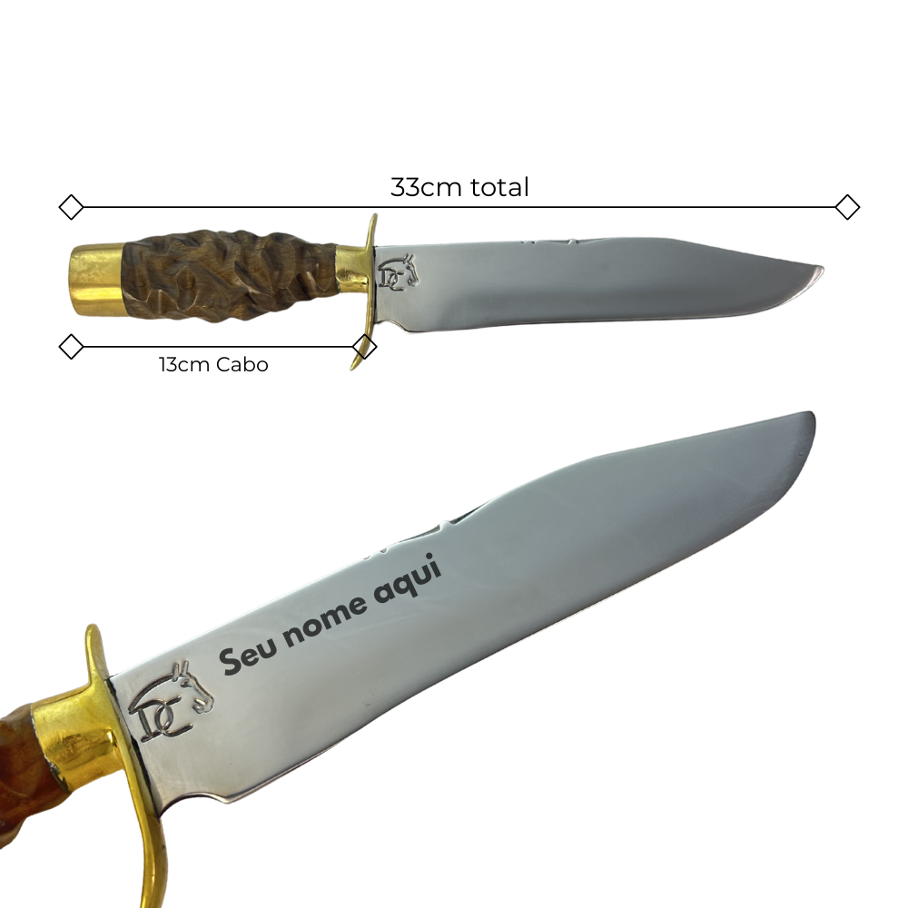 Faca Tática 8" Aço Inox 420C - Cabo Madeira Esculpida - Detalhes Latão Dourado - Caixinha Madeira Vermelha - Personalização Laser Grátis