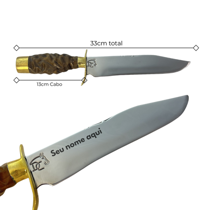 Faca Tática 8" Aço Inox 420C - Cabo Madeira Esculpida - Detalhes Latão Dourado - Caixinha Madeira Vermelha - Personalização Laser Grátis