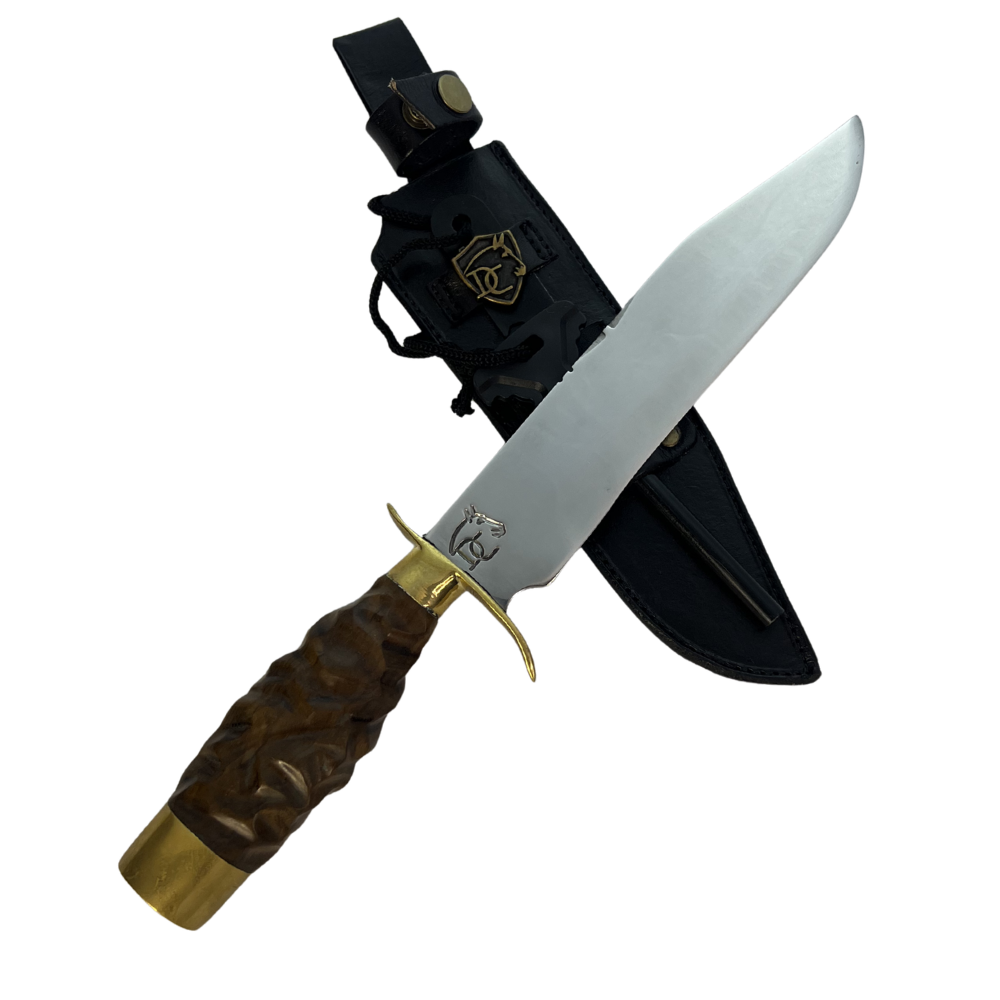 Faca Tática 8" Aço Inox 420C - Cabo Madeira Esculpida - Detalhes Latão Dourado - Caixinha Madeira Vermelha - Personalização Laser Grátis