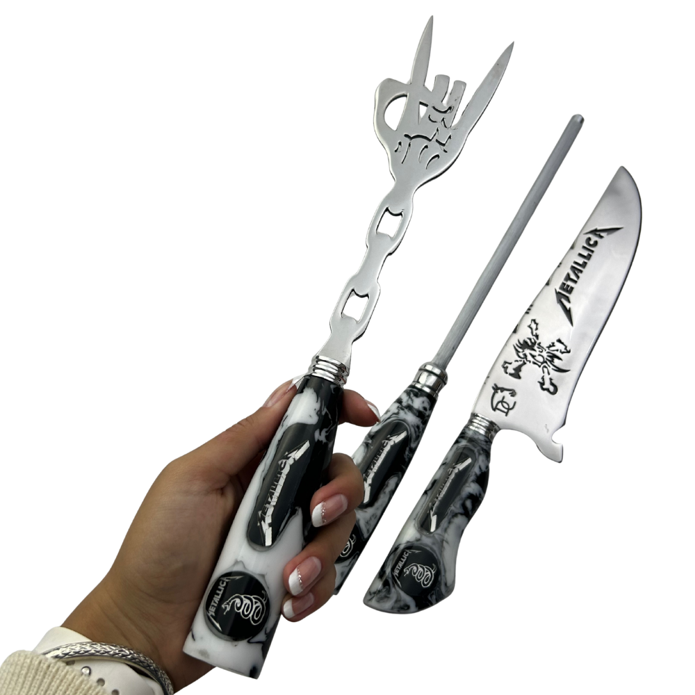 Kit Faca, Garfo e Chaira 8" Metallica - Cabo Resina Personalizado - Thrash Metal