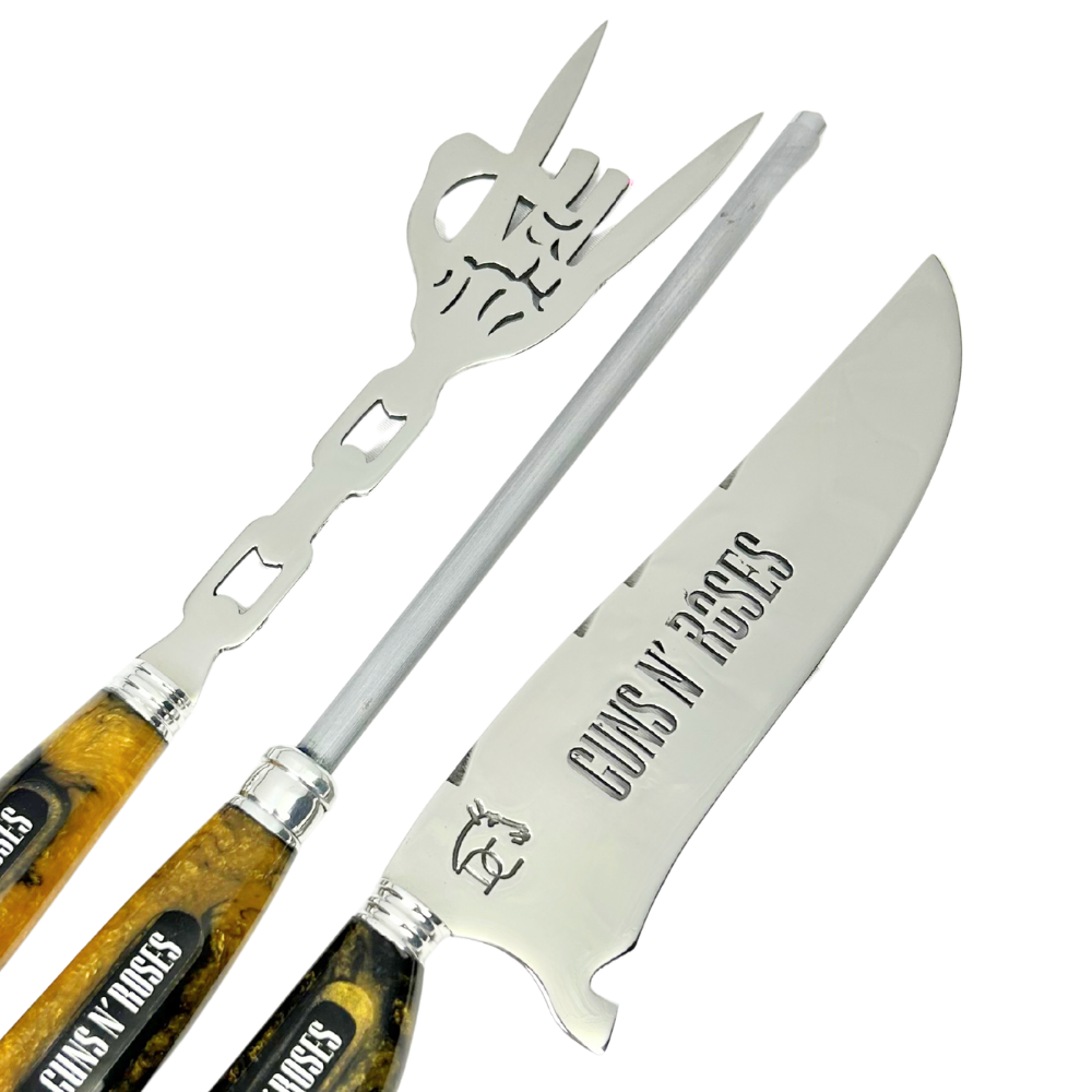 Kit Faca, Garfo e Chaira 8" Guns N' Roses - Cabo Resina Personalizado