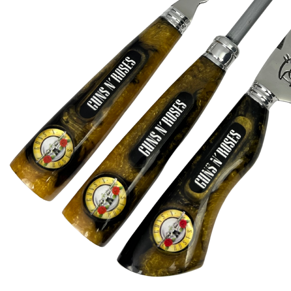 Kit Faca, Garfo e Chaira 8" Guns N' Roses - Cabo Resina Personalizado