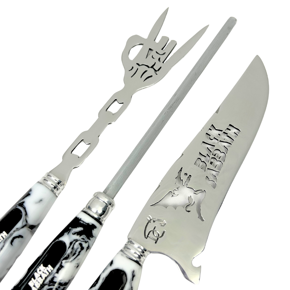 Kit Black Sabbath Premium - Faca 8", Garfo, Chaira e 2 Copos Caveira - Edição Especial