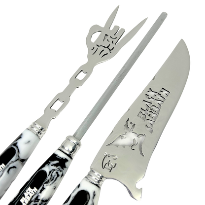 Kit Black Sabbath Premium - Faca 8", Garfo, Chaira e 2 Copos Caveira - Edição Especial