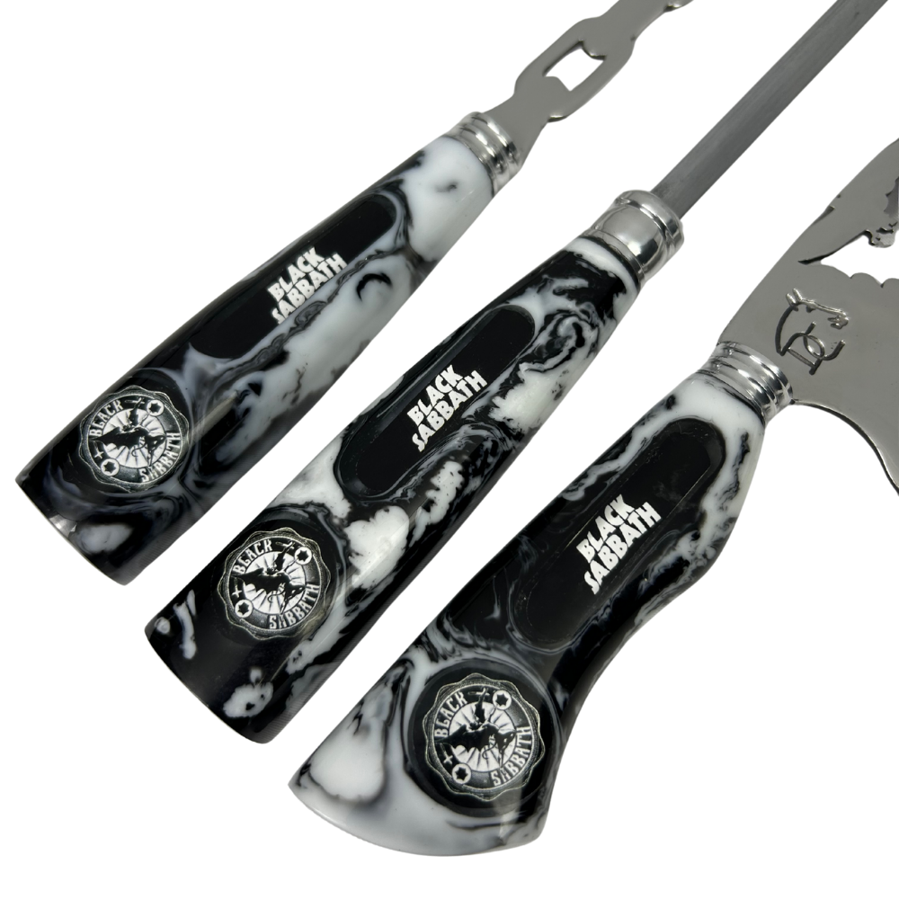 Kit Black Sabbath Premium - Faca 8", Garfo, Chaira e 2 Copos Caveira - Edição Especial