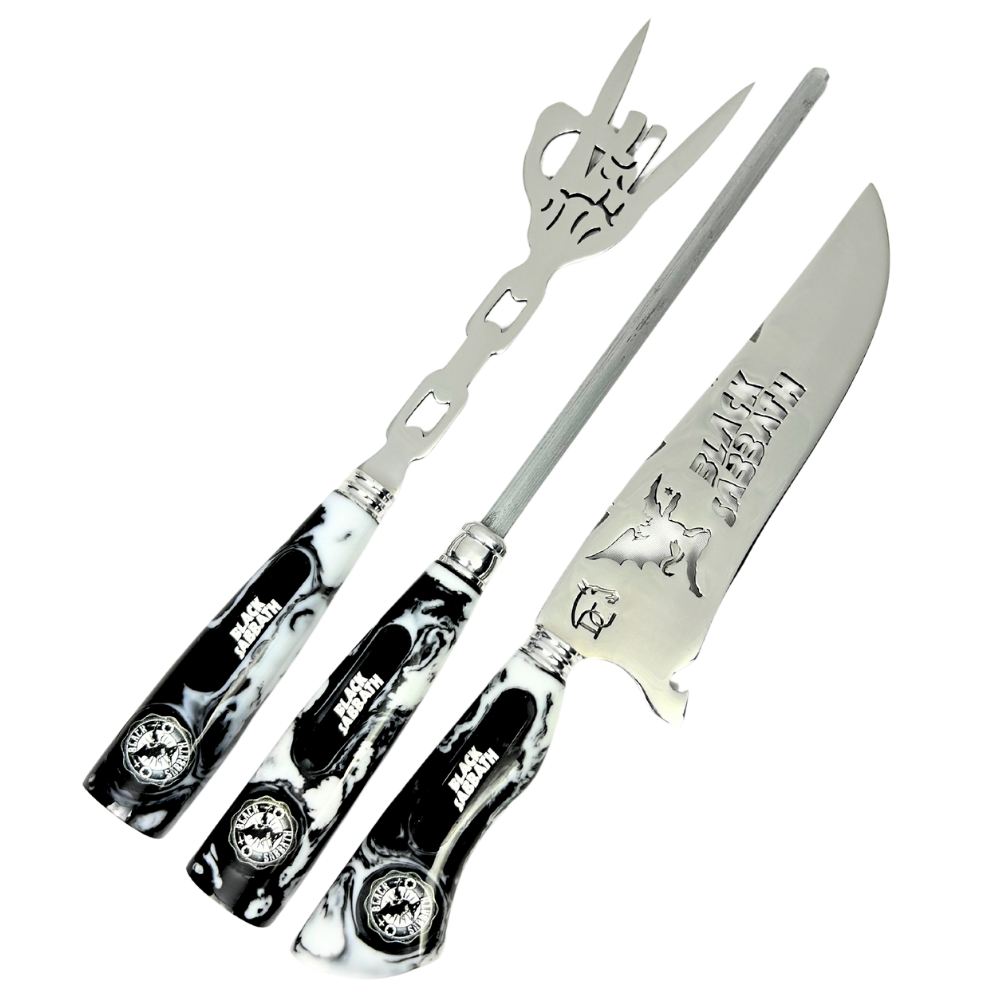 Kit Black Sabbath Premium - Faca 8", Garfo, Chaira e 2 Copos Caveira - Edição Especial