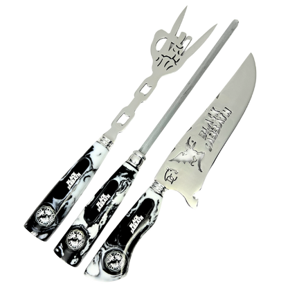 Kit Black Sabbath Premium - Faca 8", Garfo, Chaira e 2 Copos Caveira - Edição Especial