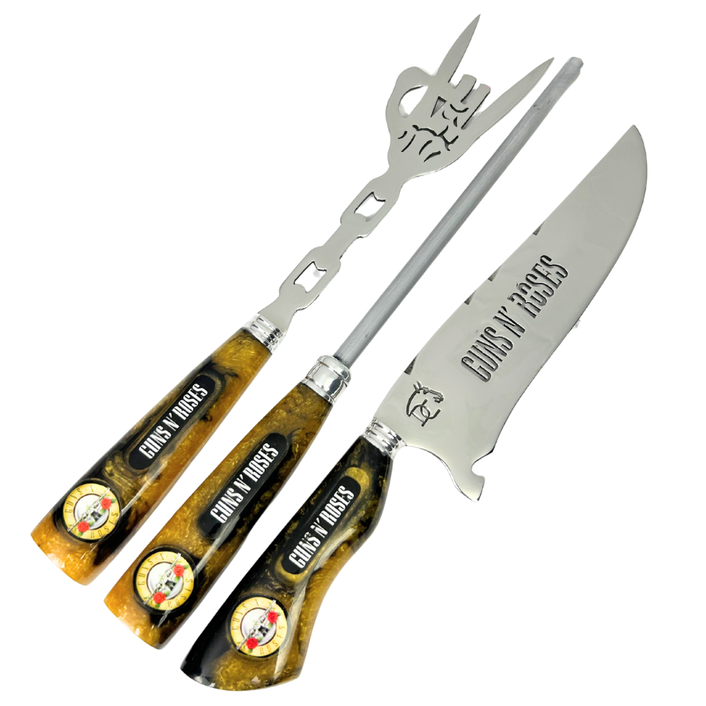 Kit Faca, Garfo e Chaira 8" Guns N' Roses - Cabo Resina Personalizado