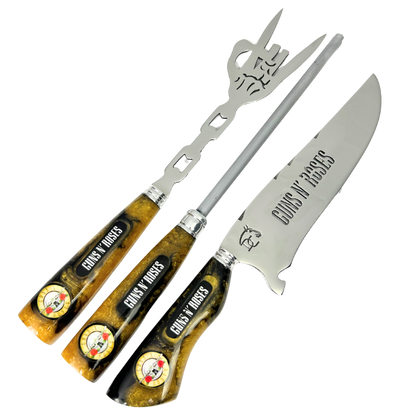 Kit Faca, Garfo e Chaira 8" Guns N' Roses - Cabo Resina Personalizado