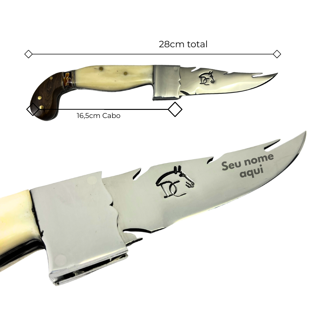 Canivete Artesanal Sorocabana 28cm - Cabo Madeira e Osso - Lâmina Tipo Folha com Trava