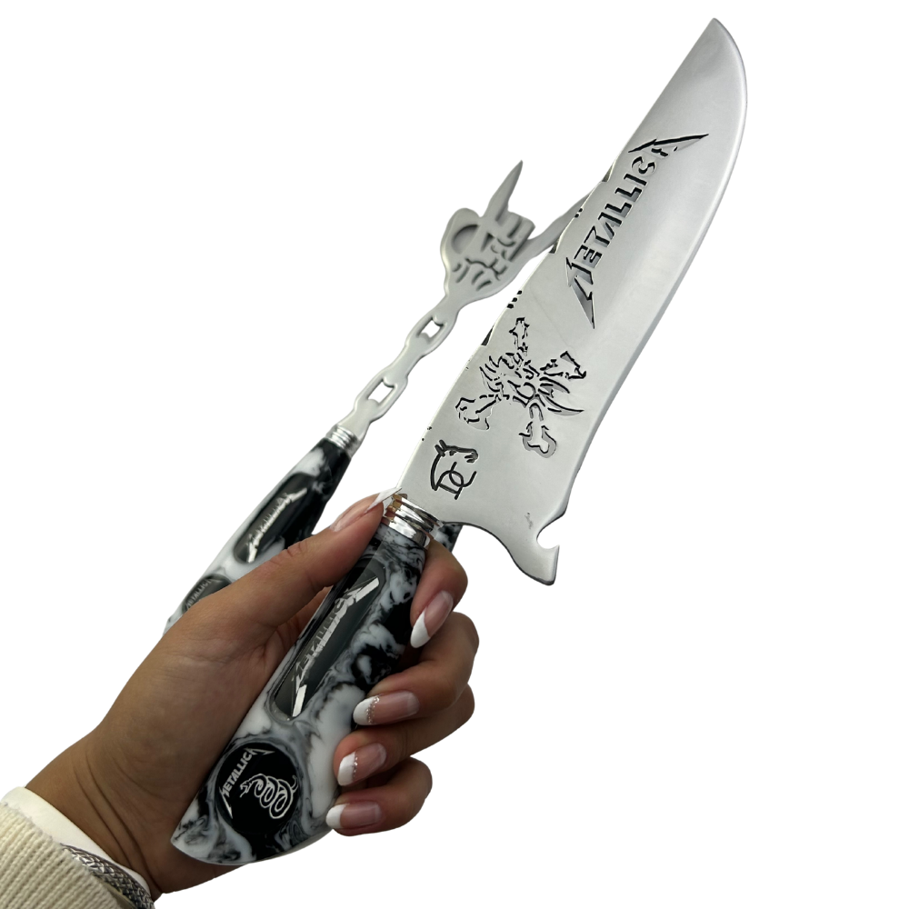 Kit Faca, Garfo e Chaira 8" Metallica - Cabo Resina Personalizado - Thrash Metal