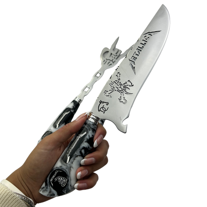Kit Faca, Garfo e Chaira 8" Metallica - Cabo Resina Personalizado - Thrash Metal