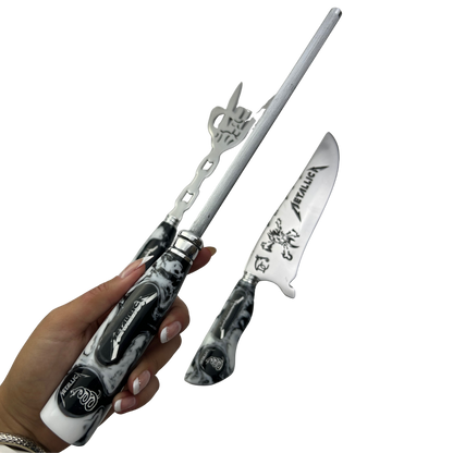 Kit Faca, Garfo e Chaira 8" Metallica - Cabo Resina Personalizado - Thrash Metal