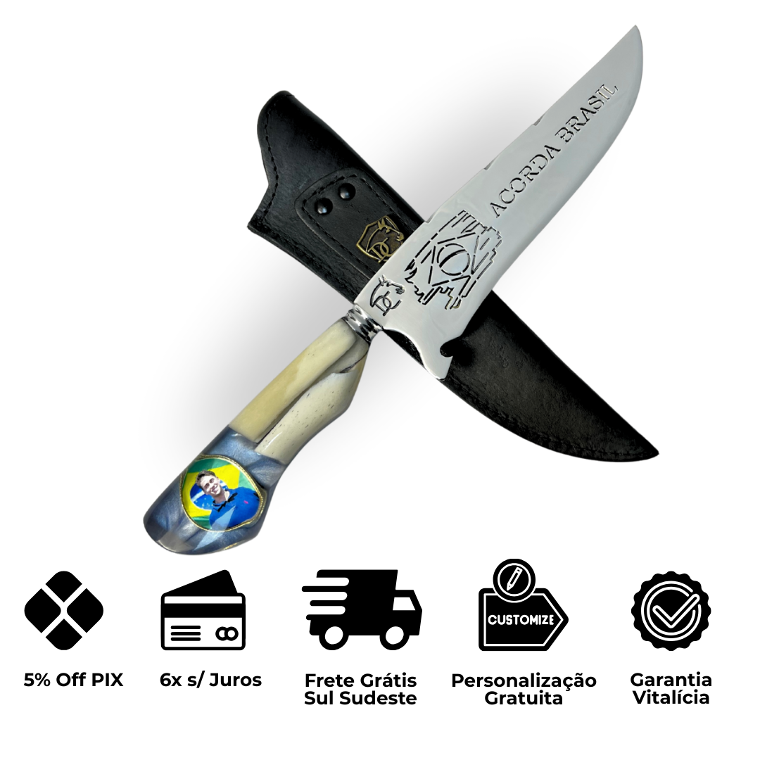Faca Nikolas Ferreira 8" - Cabo Osso e Resina - Acorda Brasil - Edição Especial