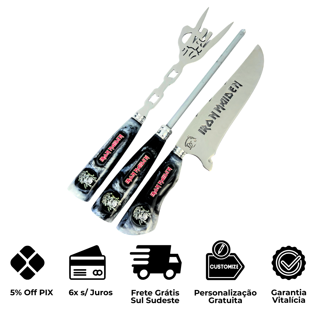 Kit Faca, Garfo e Chaira 8" Iron Maiden - Cabo Resina Personalizado