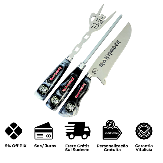 Kit Faca, Garfo e Chaira 8" Iron Maiden - Cabo Resina Personalizado