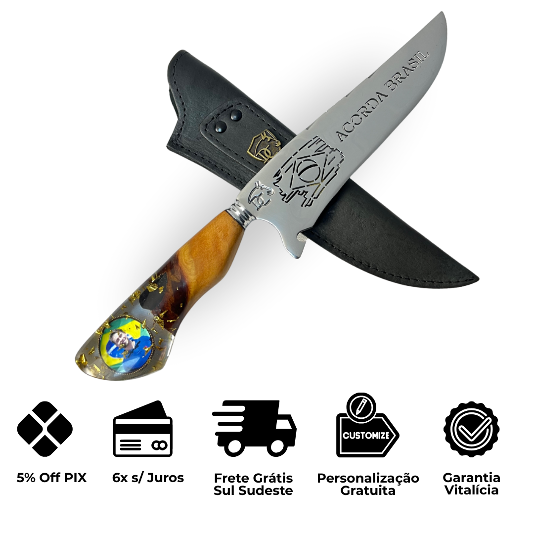 Faca Nikolas Ferreira 8" - Cabo Madeira e Resina - Acorda Brasil - Edição Especial