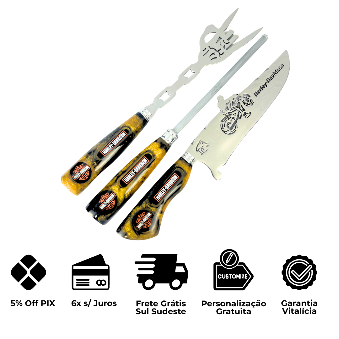 Kit Faca, Garfo e Chaira Harley-Davidson - Cabo Resina Personalizado