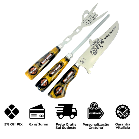 Kit Faca, Garfo e Chaira Harley-Davidson - Cabo Resina Personalizado