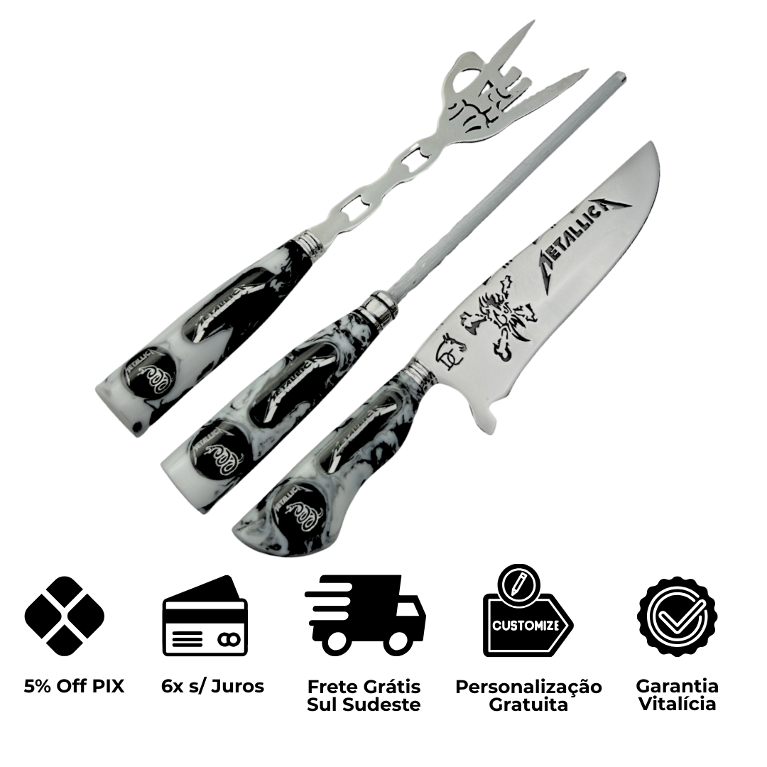 Kit Faca, Garfo e Chaira 8" Metallica - Cabo Resina Personalizado - Thrash Metal