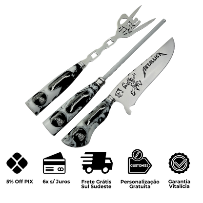 Kit Faca, Garfo e Chaira 8" Metallica - Cabo Resina Personalizado - Thrash Metal