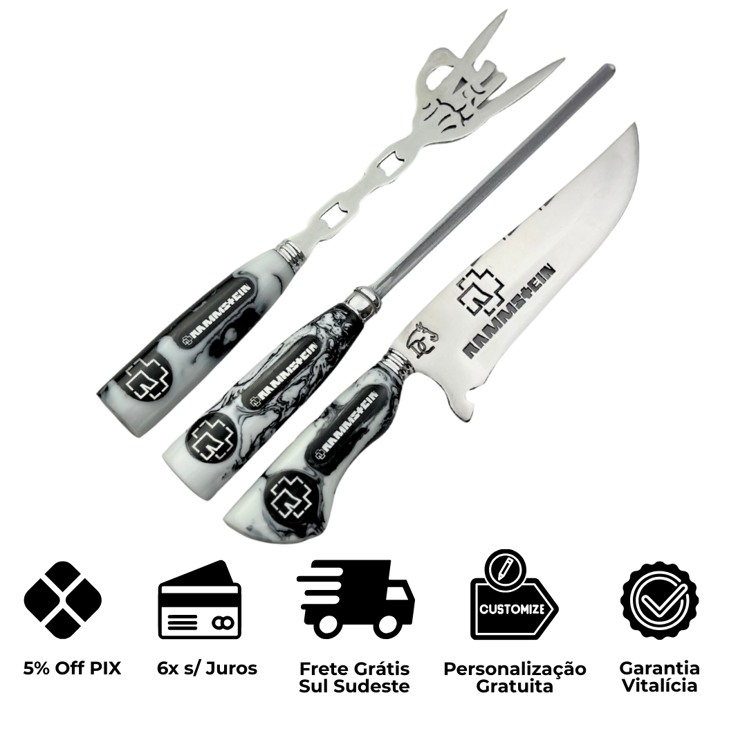 Kit Faca, Garfo e Chaira 8" Rammstein - Cabo Resina Personalizado - Industrial Metal