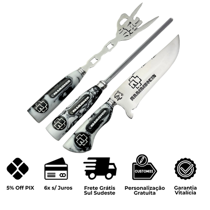 Kit Faca, Garfo e Chaira 8" Rammstein - Cabo Resina Personalizado - Industrial Metal