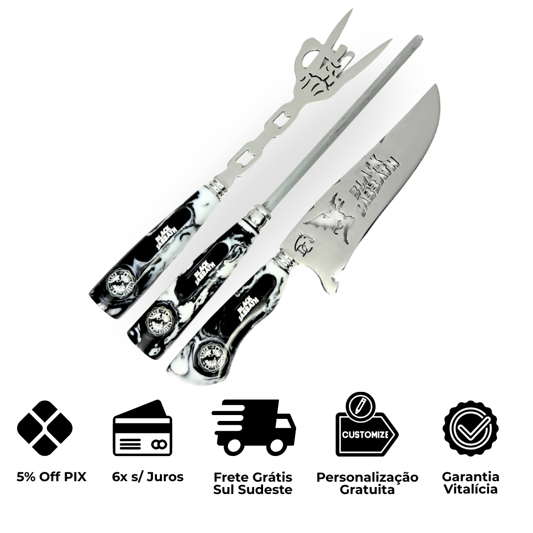 Kit Faca, Garfo e Chaira 8" Black Sabbath - Cabo Resina Personalizado