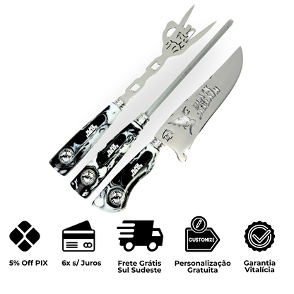 Kit Faca, Garfo e Chaira 8" Black Sabbath - Cabo Resina Personalizado
