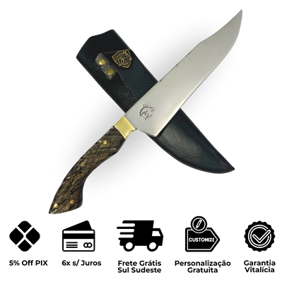 Faca Artesanal 8,5" Full Tang - Cabo Madeira Tucumã - Guarda em Latão
