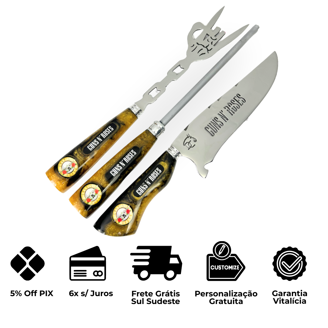 Kit Faca, Garfo e Chaira 8" Guns N' Roses - Cabo Resina Personalizado