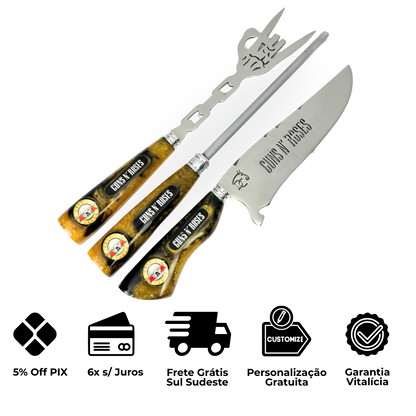 Kit Faca, Garfo e Chaira 8" Guns N' Roses - Cabo Resina Personalizado