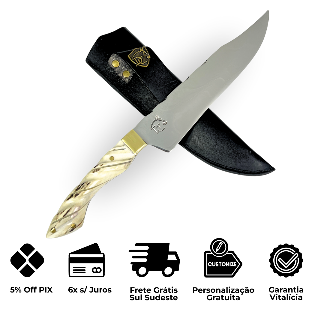Faca Artesanal 8,5" - Cabo em Chifre de Cervo Natural - Guarda em Latão - Personalização Grátis