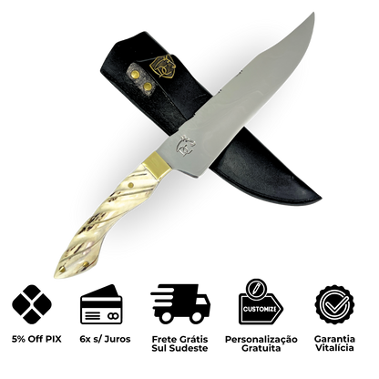 Faca Artesanal 8,5" - Cabo em Chifre de Cervo Natural - Guarda em Latão - Personalização Grátis