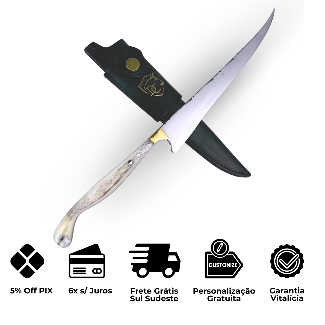 Faca Fileteira Aço Inox 420C 7 Polegadas - Cabo Full Tang Osso Bovino