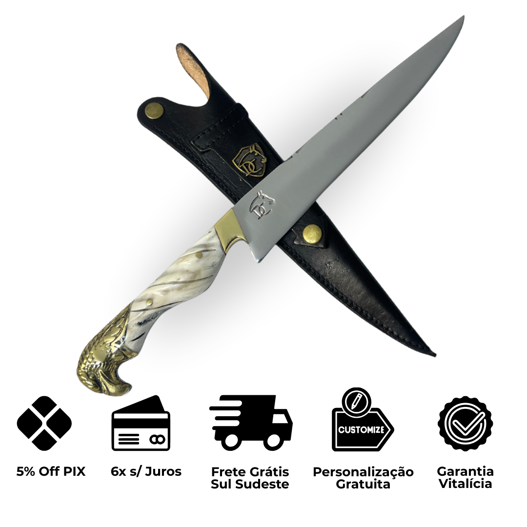 Faca Campeira Artesanal 9" - Cabo Osso Bovino e Latão com Águia