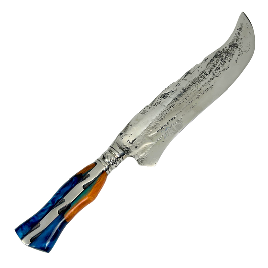 Faca Forjada Aço Inox 420c - 20" - Cabo Full Tang Invertido Nó de Pinho e Resina Azul