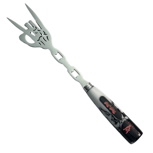 Garfo Artesanal Rock 'n' Roll - Aço Inox com Design Vazado - Cabo em Resina Marmorizada - Coleção Rock Legends