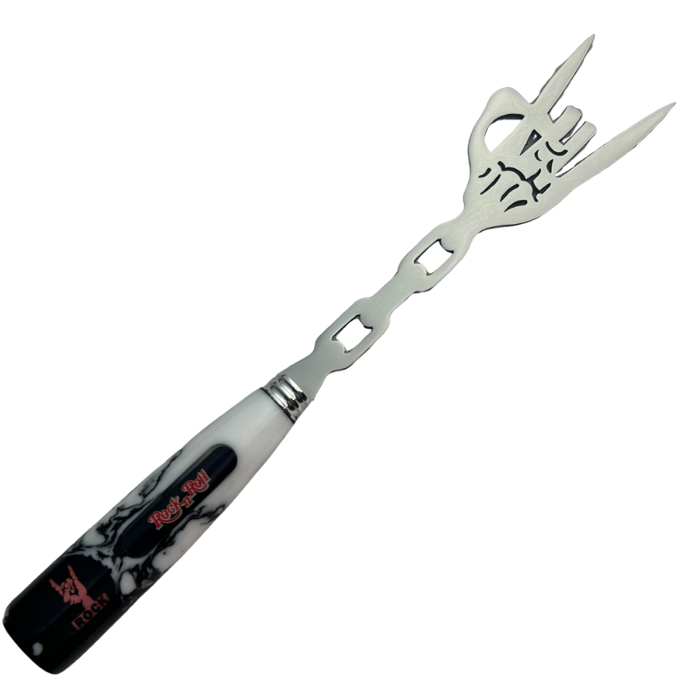 Garfo Artesanal Rock 'n' Roll - Aço Inox com Design Vazado - Cabo em Resina Marmorizada - Coleção Rock Legends